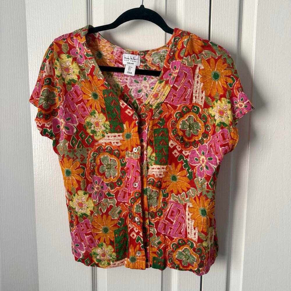Nicole Miller 100% Linen Floral Top Women’s S Cottage Boho Indie Art Chic Summer